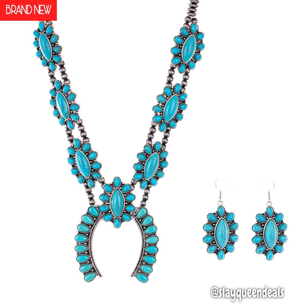 Western Turquoise Jewelry Set, Alloy Necklace & Dangle Earrings, 31 Stones